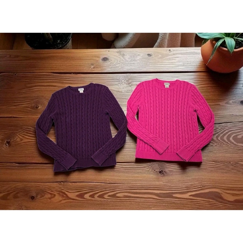 2 Vtg 90s LL Bean Size S Fisherman Sweaters Chunky Cable Knit Cotton Pink Purple